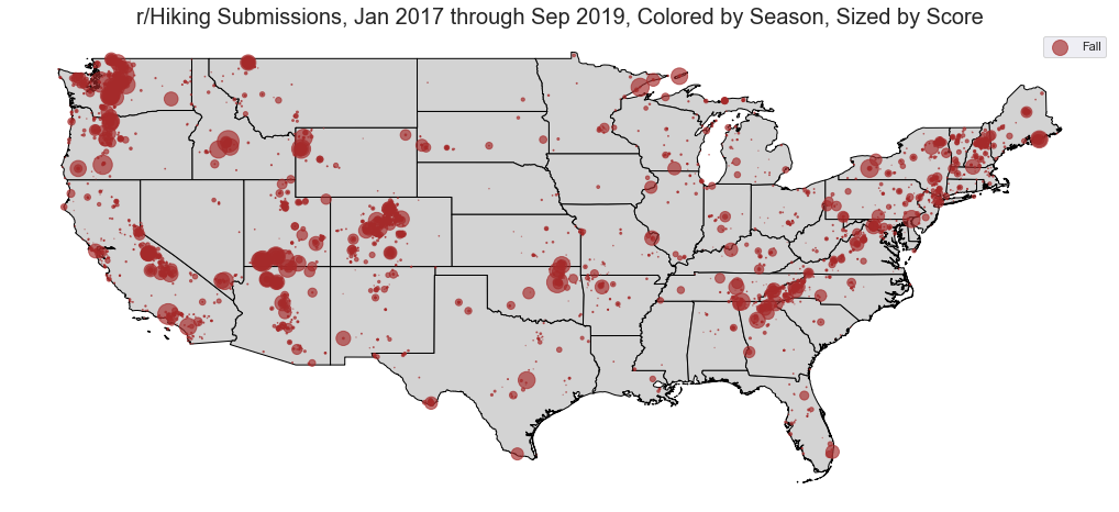 Place names mentioned in 40,000+ posts in r/Hiking, colored by season ...