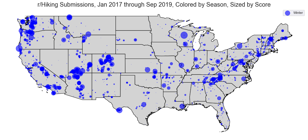 Place names mentioned in 40,000+ posts in r/Hiking, colored by season ...